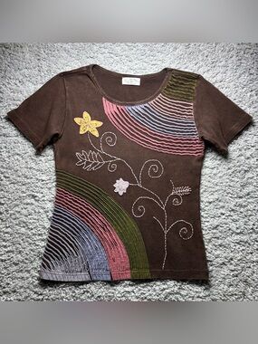 VINTAGE TEE The Collection Royal Embroidered Whimsical Festival BOHO Rainbow Sun
